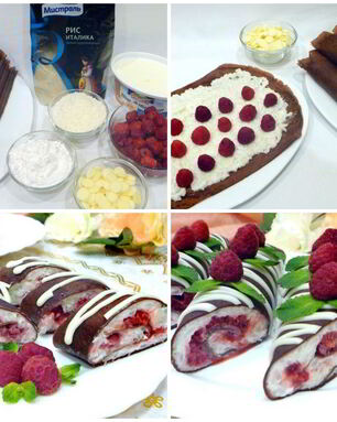 Шоколадные блинчики с кокосово-рисовым кремом и малиной