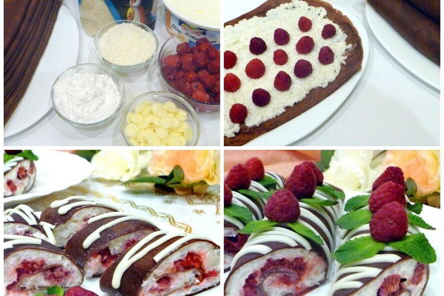 Рецепт шоколадные блинчики с кокосово-рисовым кремом и малиной