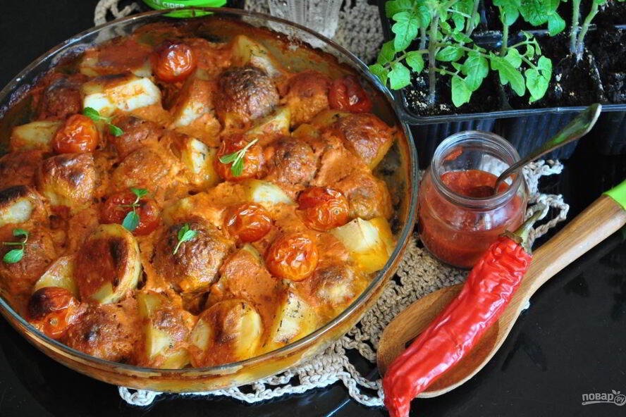 Рецепт запеченный картофель с фрикадельками