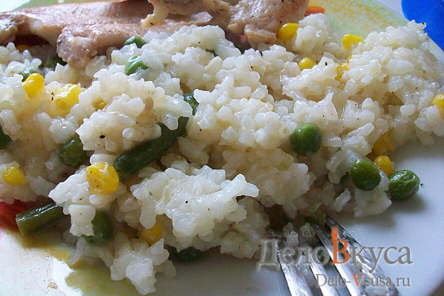 Рецепт рис с горошком, кукурузой и стручковой фасолью
