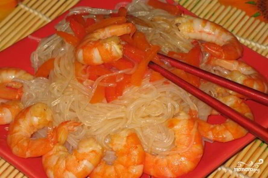 Рецепт лапша с креветками и овощами