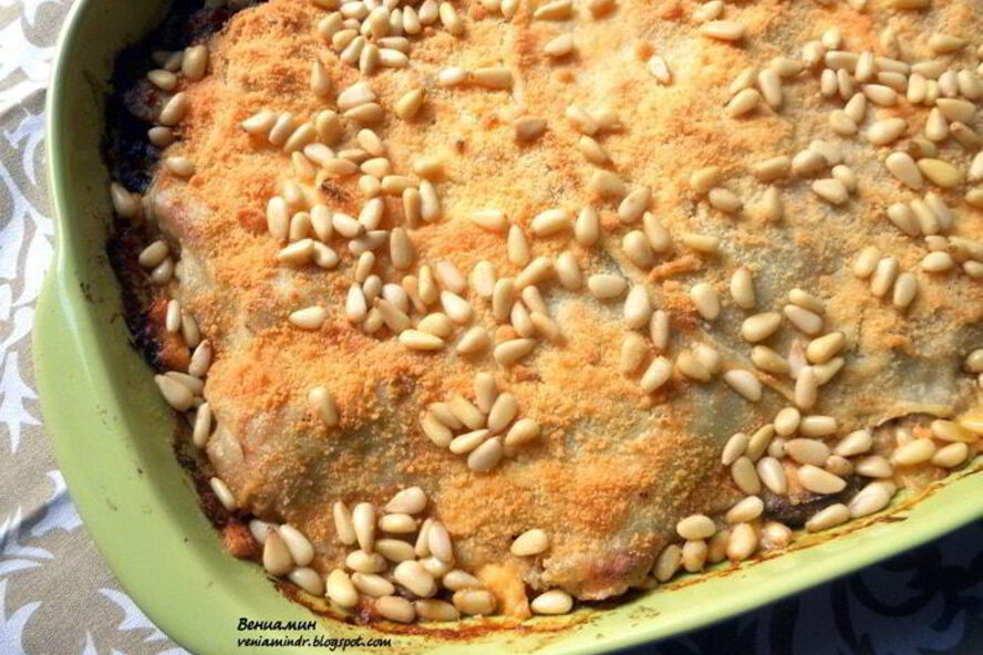 Рецепт блинная лазанья с шампиньонами и луком-пореем