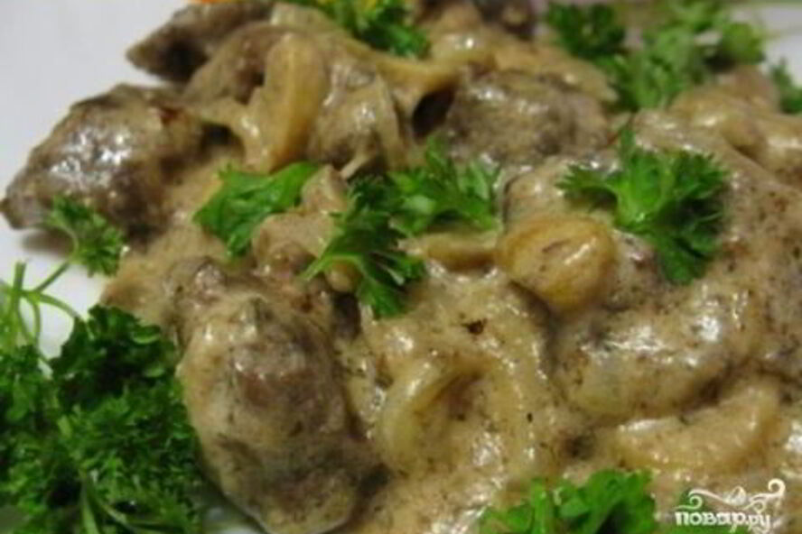 Рецепт печень с грибами в сметане