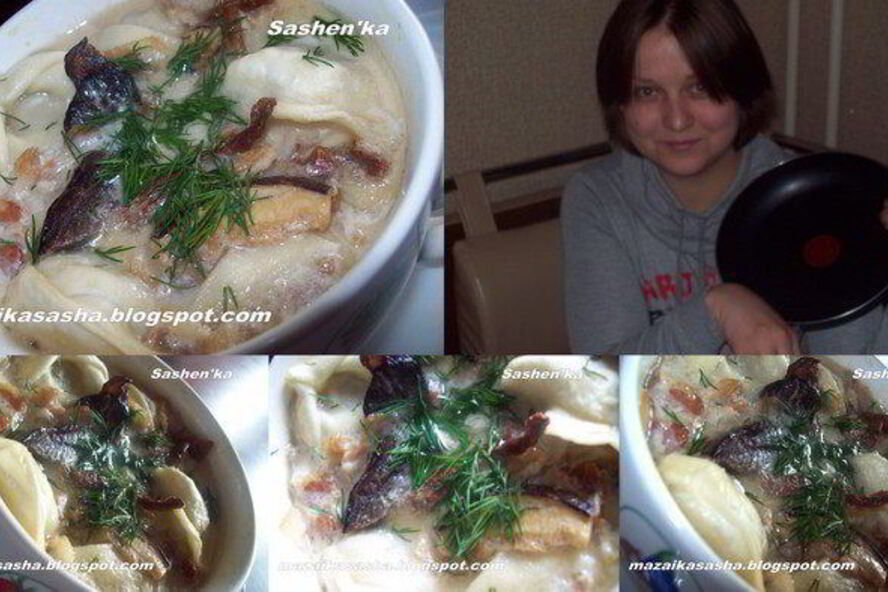 Рецепт пельмени томленные в горшочке с беконом и лесными грибами