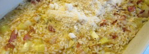 запеченное в духовке ризотто с луком-пореем и панчеттой. Шаг 6