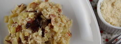 запеченное в духовке ризотто с луком-пореем и панчеттой. Шаг 8