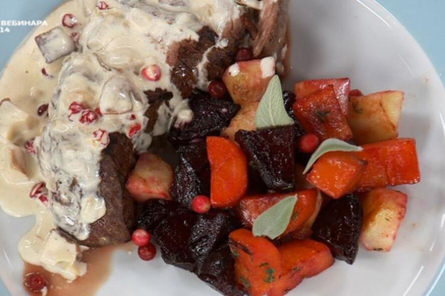 Рецепт стейк из говядины с печеными корнеплодами