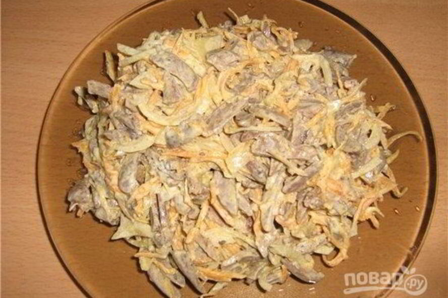 Рецепт салат из куриных сердечек с грибами и морковью