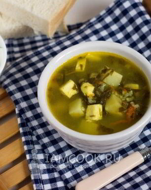 Зеленый борщ со щавелем и адыгейским сыром