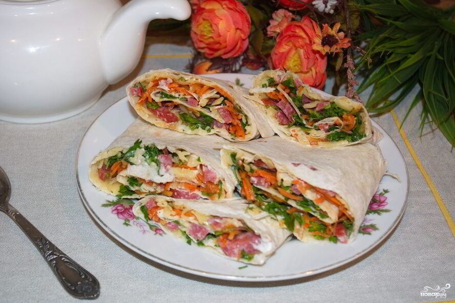 Рецепт закуска из лаваша с корейской морковкой