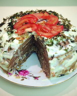Печеночный торт с грибами