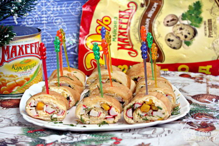 Рецепт блинные роллы с крабовыми палочками и кукурузой